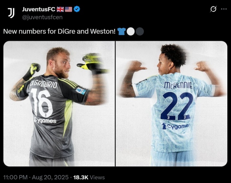 开云体育app-尤文官方：迪格雷戈里奥改穿16号球衣 麦肯尼穿22号